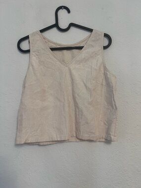 Sleeveless V-Neck Linen Blend Tank Top in Light Beige